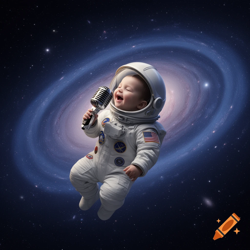 A joyful baby astronaut floats in space, holding an old-school microphone, with a vibrant galaxy swirling behind.