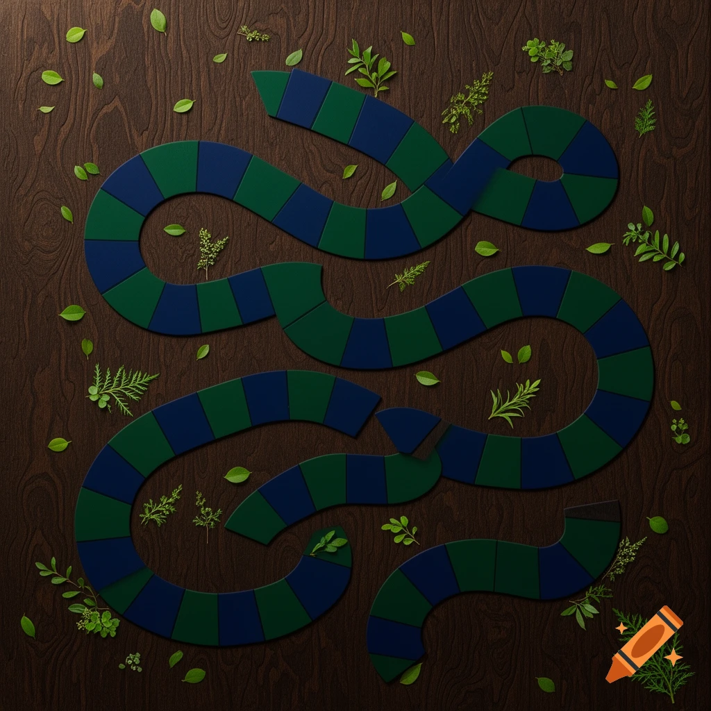 Overhead view of a winding board game path with blue and green segments on a dark wood background, surrounded by green leaves.