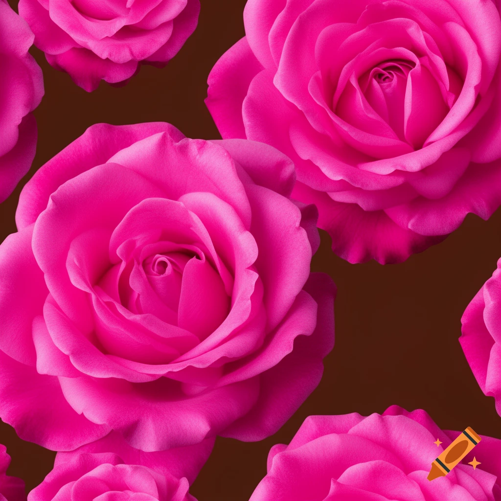 Vibrant pink roses in a close-up pattern against a dark coffee-brown background.