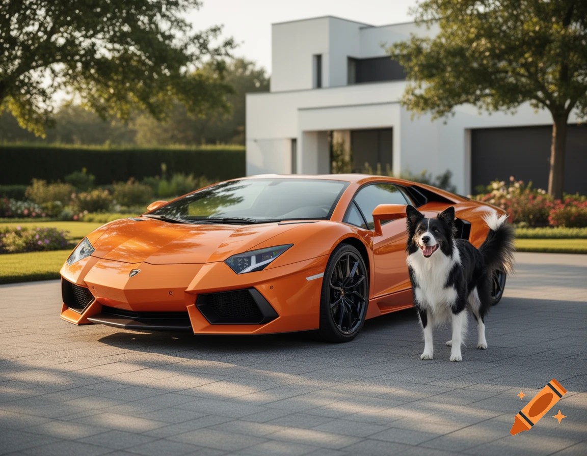 An orange Lamborghini sports car parked on a paved driveway in front of a modern white house, with a black and white Border Collie dog standing beside it. Photorealistic.