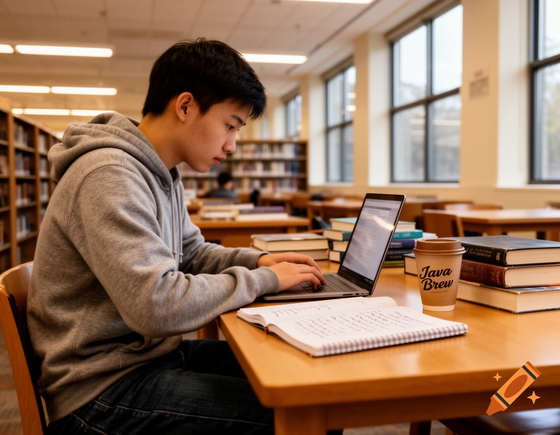 A male college student in a gray hoodie works on a laptop at a wooden table in a library, surrounded by books and a coffee cup.