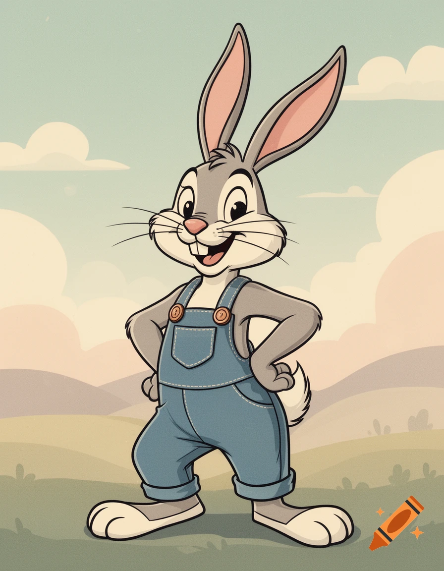A smiling retro cartoon rabbit in blue overalls stands with hands on hips against a simple outdoor landscape.