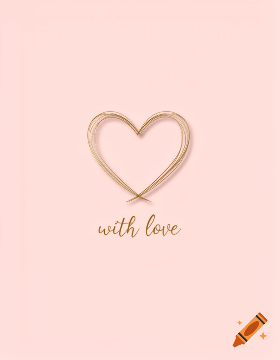 A minimalist greeting card with a golden wire heart and the words 'with love' on a light pink background.