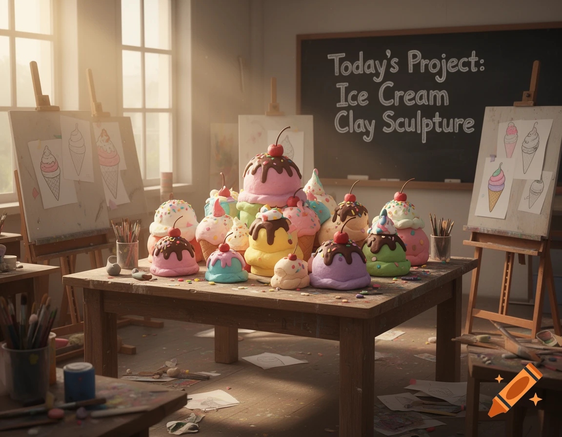 Sunlit art classroom table laden with colorful faux ice cream clay sculptures and scattered art supplies. A blackboard says 'Today's Project: Ice Cream Clay Sculpture'.