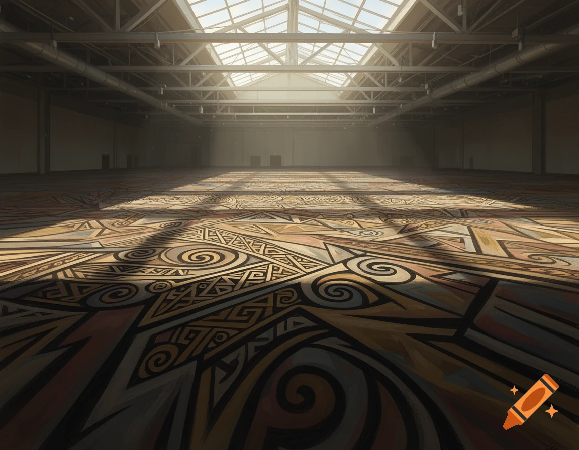 An empty convention hall with a bright skylight illuminating an abstract, tribal-patterned floor.
