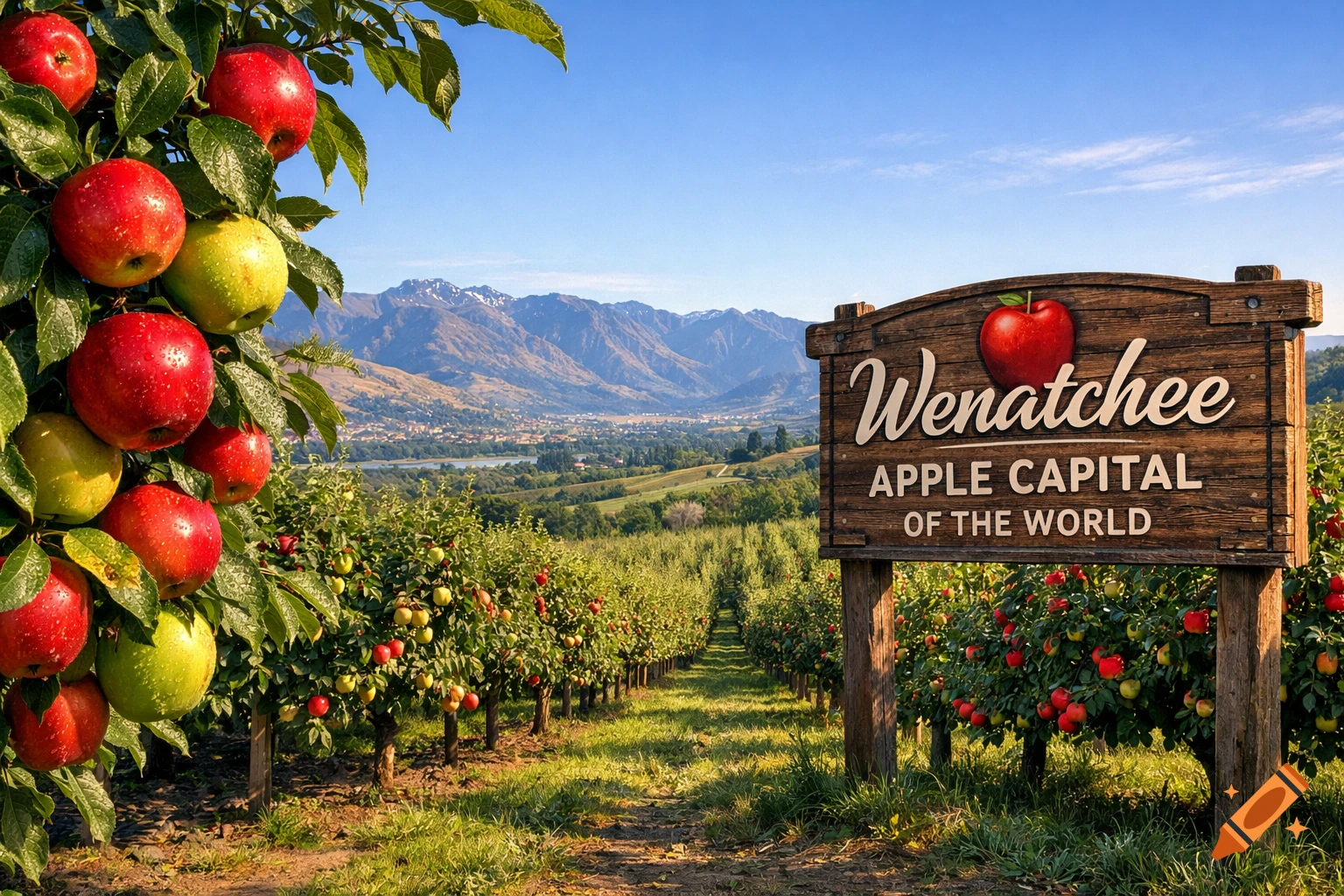 A photorealistic image of an apple orchard under a clear blue sky, with a wooden sign reading 'Wenatchee Apple Capital of the World' and mountains in the background.