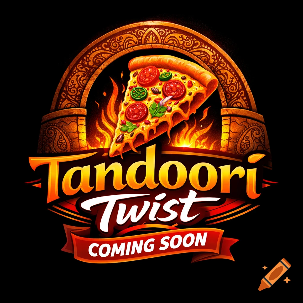 Vibrant logo for "Tandoori Twist" showing a pizza slice, a tandoor oven, flames, and "COMING SOON" banner, with paisley patterns.