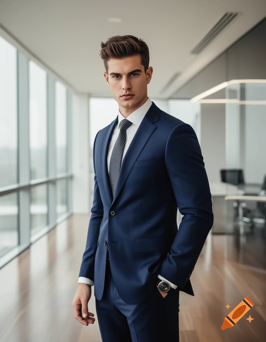 A handsome young man in a dark blue suit and tie stands in a modern office hallway with large windows.