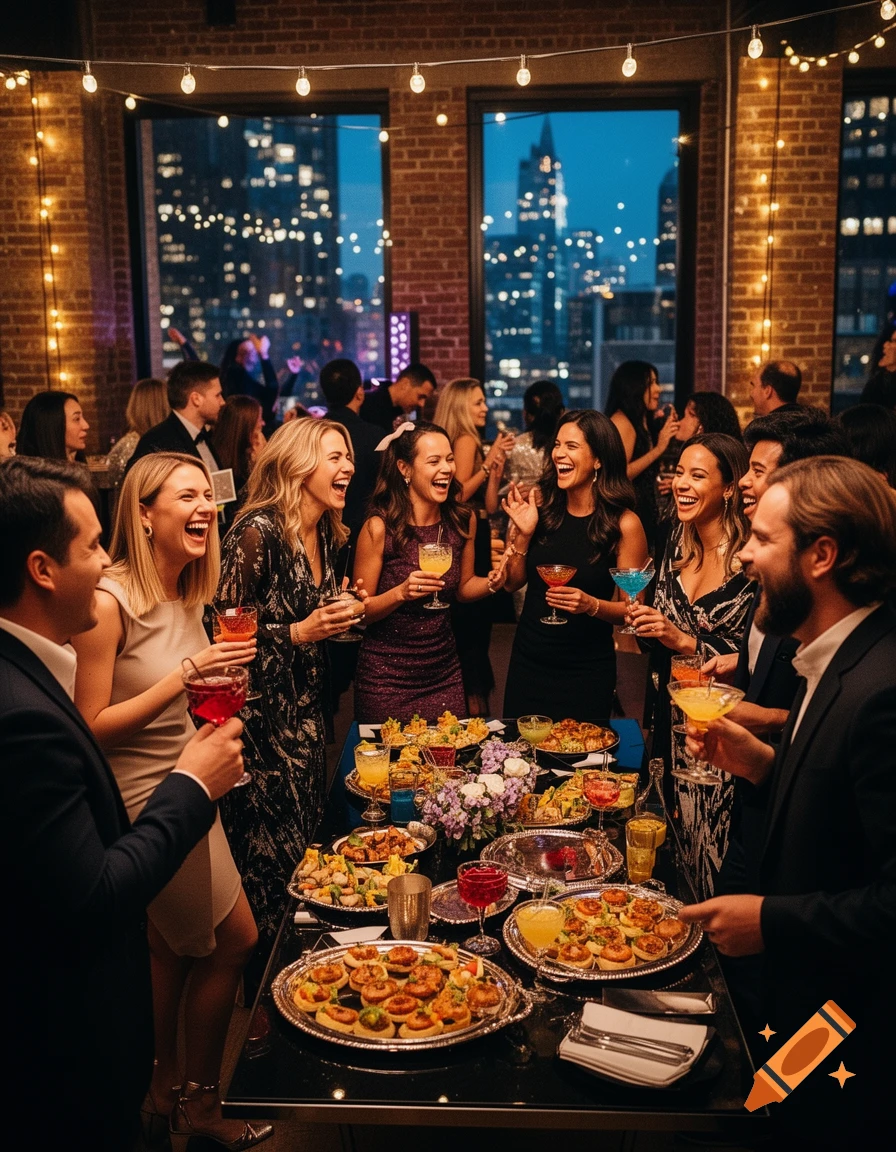 A diverse group of laughing people holding drinks and gathered around a food-laden table at a lively party with city views at night.