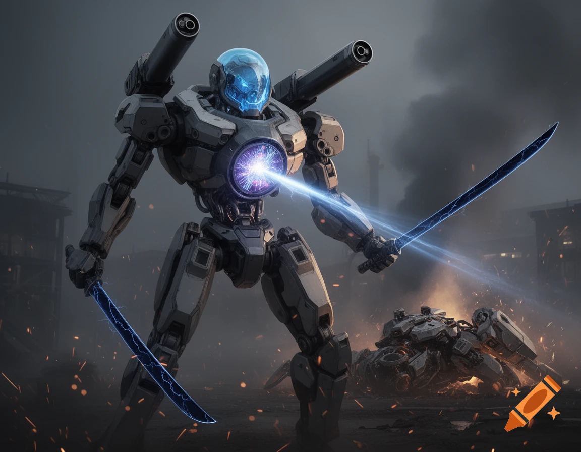 A powerful grey mecha robot with a glowing blue visor and chest core emits a laser beam, wielding two dark blue energy swords. It stands over a destroyed robot in a smoky, debris-strewn battleground.