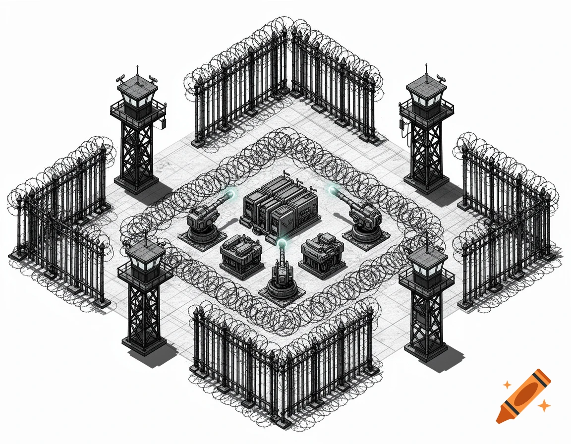 Isometric schematic of a fortified military base with watchtowers, barbed wire fences, and turrets around generators.