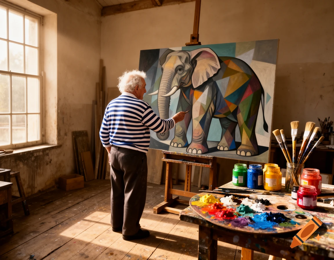 An old man in a striped shirt paints a colorful, geometric elephant on a canvas in a sunlit art studio, with paints and brushes nearby.