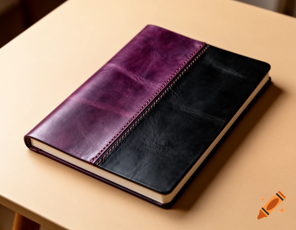 A closed notebook with a purple and black leather cover, stitched down the middle, resting on a beige table.
