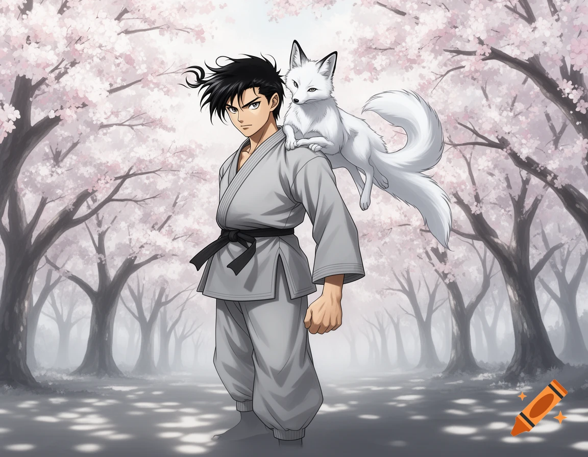 Anime man in a grey martial arts gi with a white fox perched on his shoulder, standing under blooming cherry blossom trees.