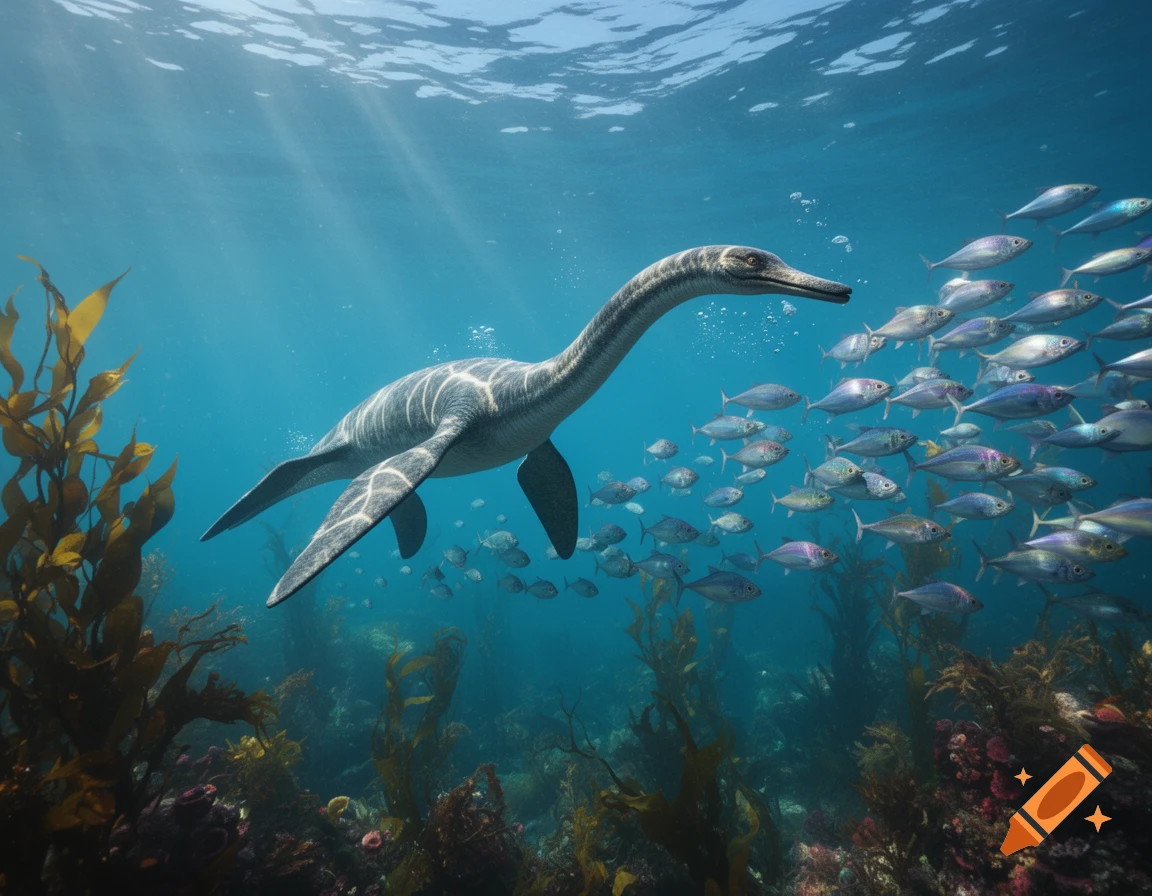 A photorealistic Plesiosaurus swims underwater, observing a large school of shimmering fish amidst kelp and coral reefs with sunlight.