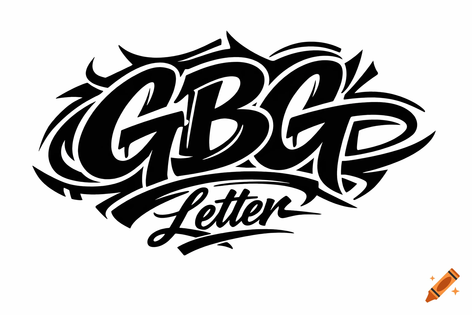 Black and white graffiti logo in wildstyle script reading 'GBG Letter' on a white background.