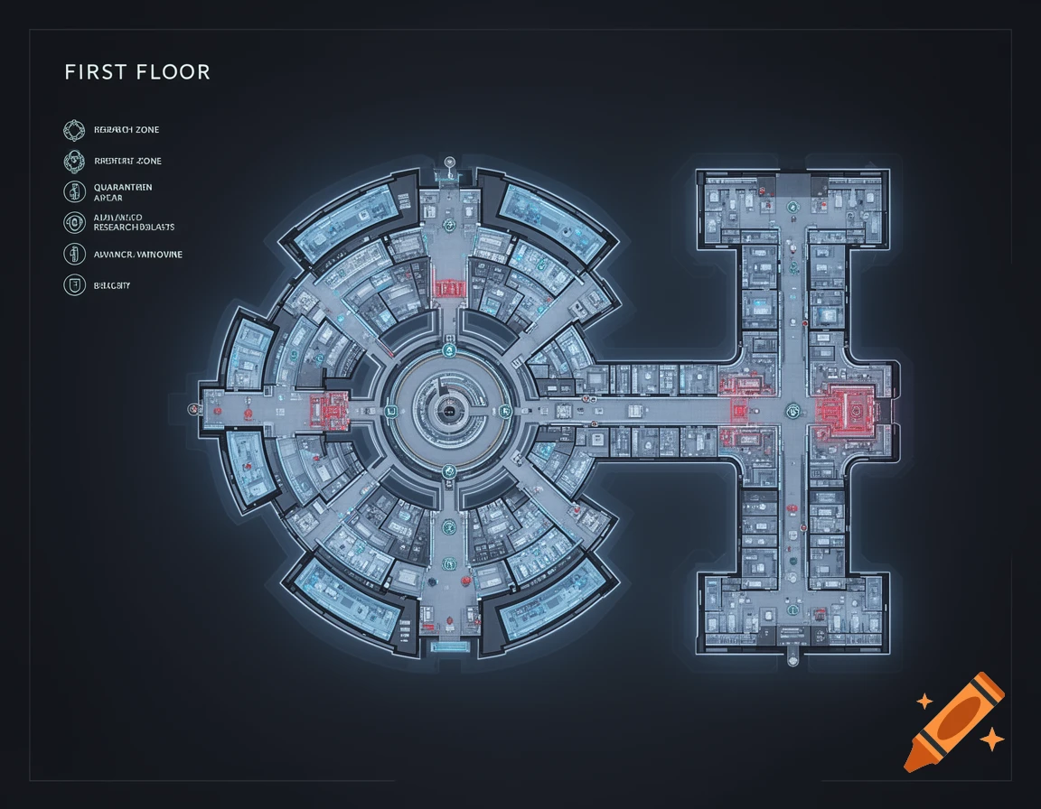 A detailed floor plan of a futuristic military medical research base, dark background with glowing blue and red sections.