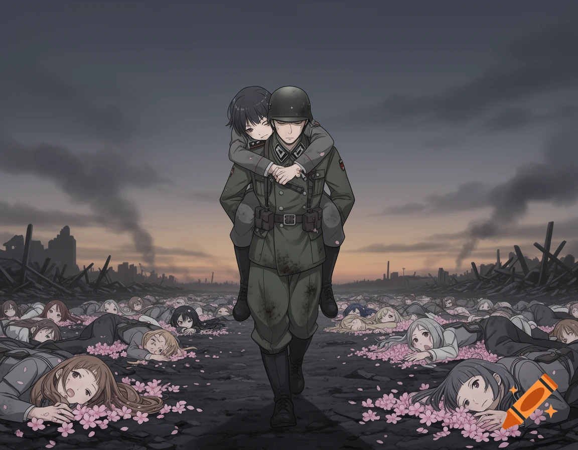 Anime soldier in WWII uniform carries a companion through a ruined landscape filled with many unconscious anime girls and pink petals.