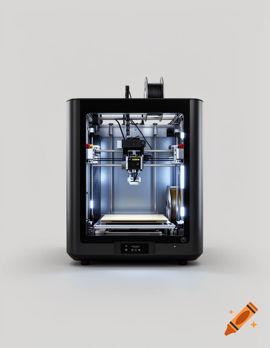 A large, black, modern 3D printer with visible internal components and filament spools, on a light background.