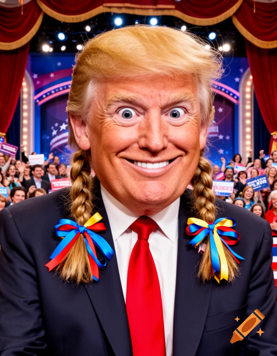 A photorealistic caricature of Donald Trump with wide eyes and blonde pigtails tied with colorful ribbons, smiling broadly in front of a political rally crowd.