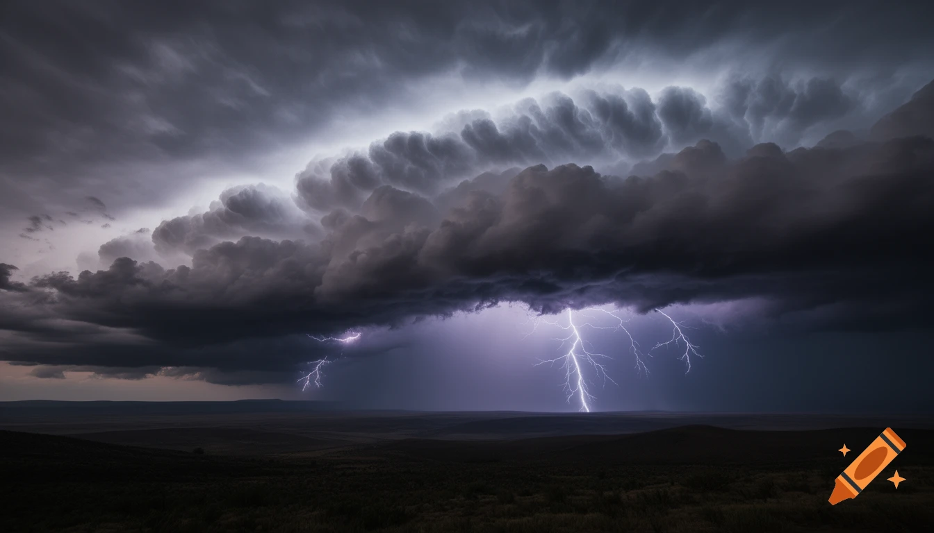 A dramatic thunderstorm with intense lightning strikes over a vast, dark landscape under turbulent mammatus clouds.