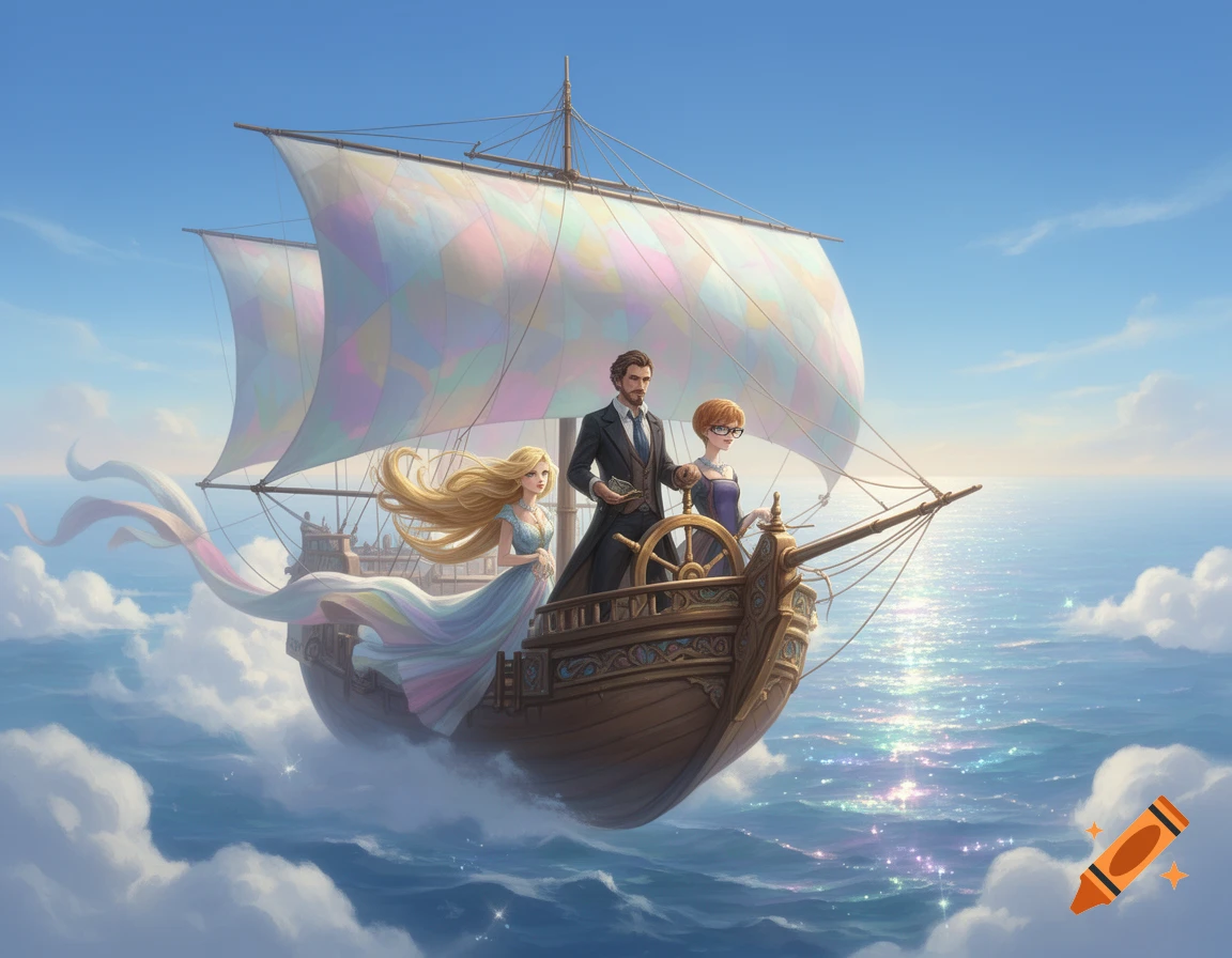 A man and two women on a detailed, ornate flying ship with colorful patchwork sails, soaring above clouds and a sparkling ocean in a digital fantasy art style.