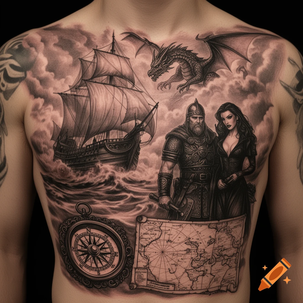 Detailed black and grey chest tattoo with a viking and vampire lady, a sailing ship, a flying dragon, compass, and map.