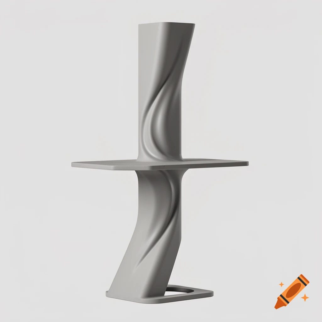 A grey, sculptural object featuring a twisted vertical element and a horizontal shelf, rendered against a plain white background.
