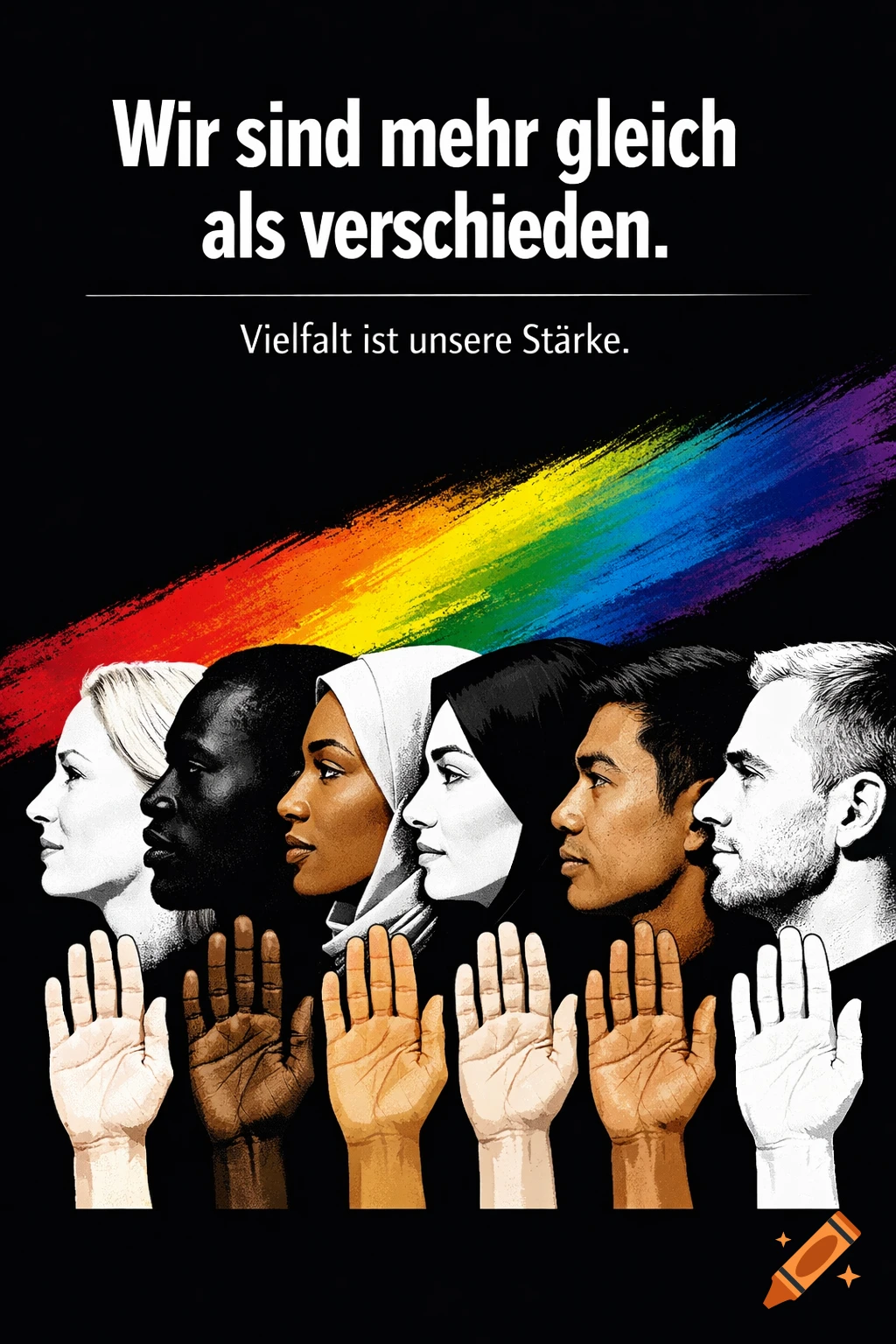 Stylized illustration of diverse faces and hands with varying skin tones, beneath a rainbow brushstroke on a black background, with German text about unity and strength in diversity.
