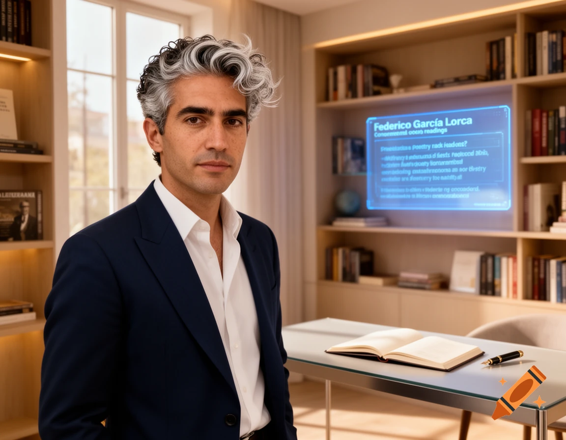A man with salt-and-pepper curly hair in a navy suit and white shirt stands in a modern study with bookshelves and a glowing holographic screen displaying text.