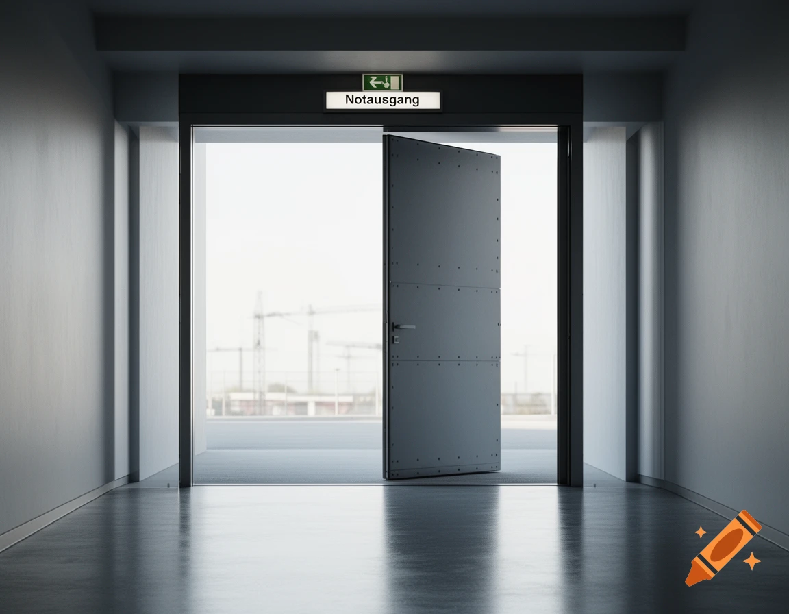 Modern architectural photo of an open emergency exit door with a 'Notausgang' sign, leading to a bright outdoor area with construction cranes.