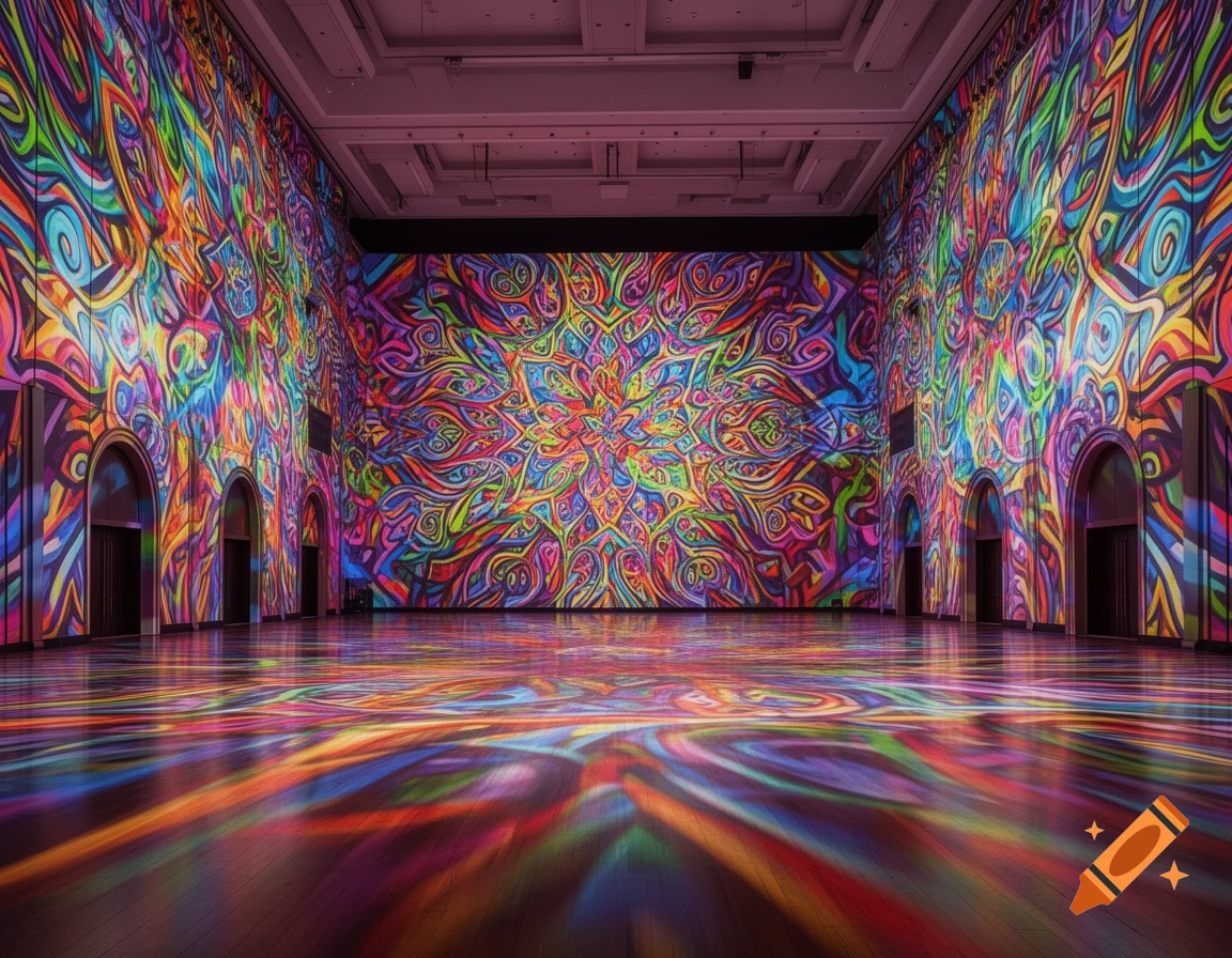 Large convention hall bathed in vibrant, swirling psychedelic patterns on walls, floor, and ceiling, with prominent archways.