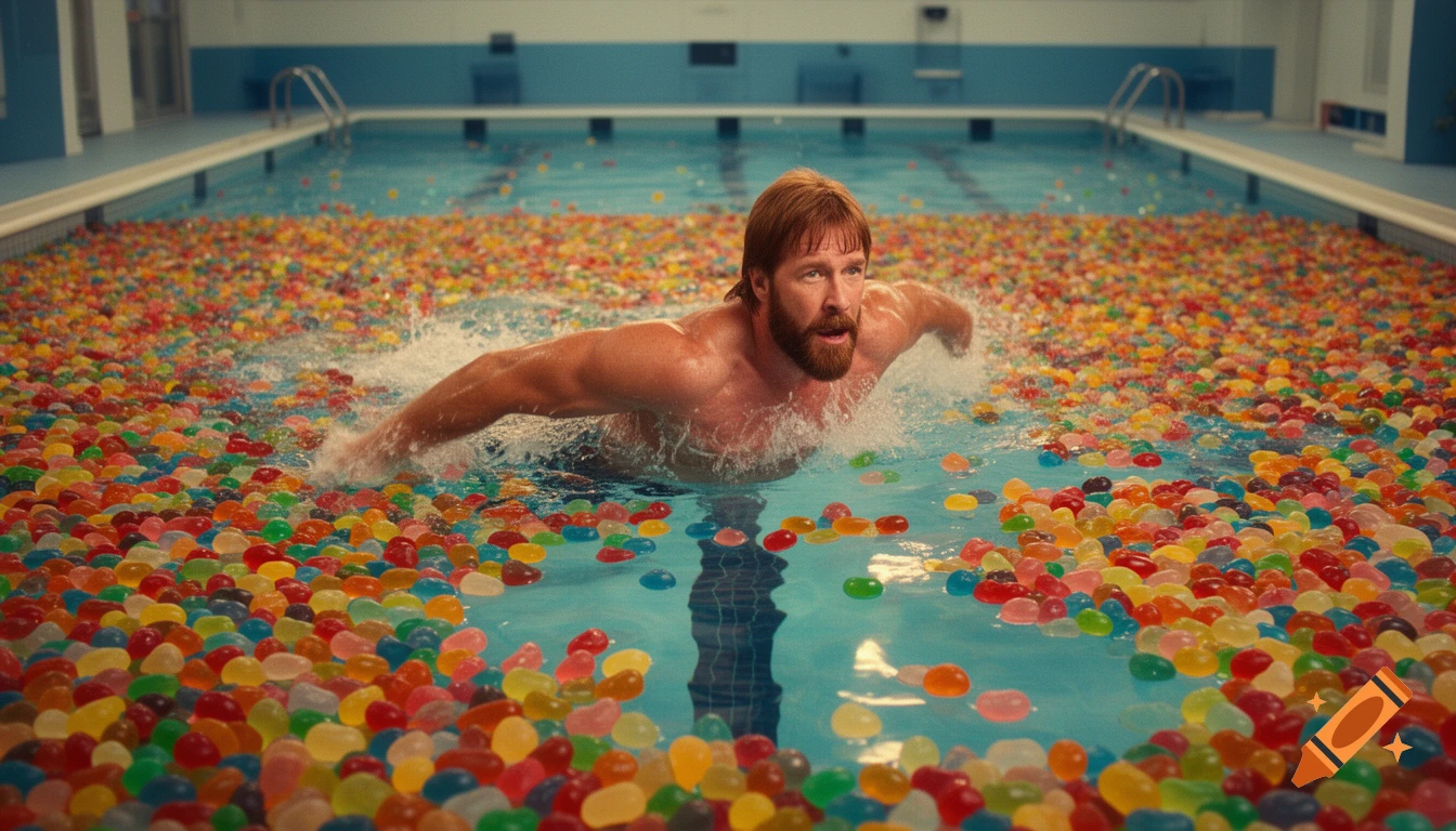 A man resembling Chuck Norris swims through a pool completely filled with colorful jellybeans.