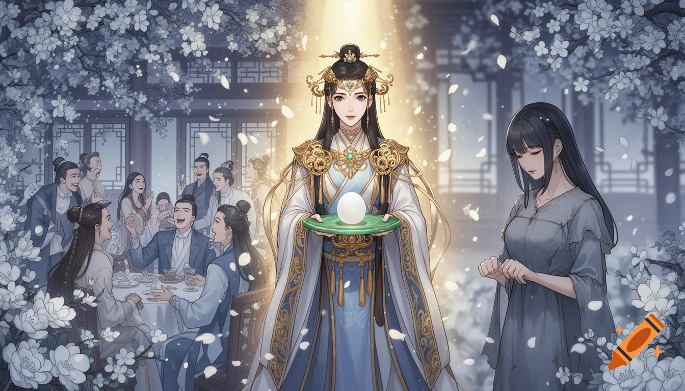 Anime illustration of an ancient Chinese banquet. An elegant woman holds a glowing orb, surrounded by laughing guests and a forlorn woman under blooming white trees.