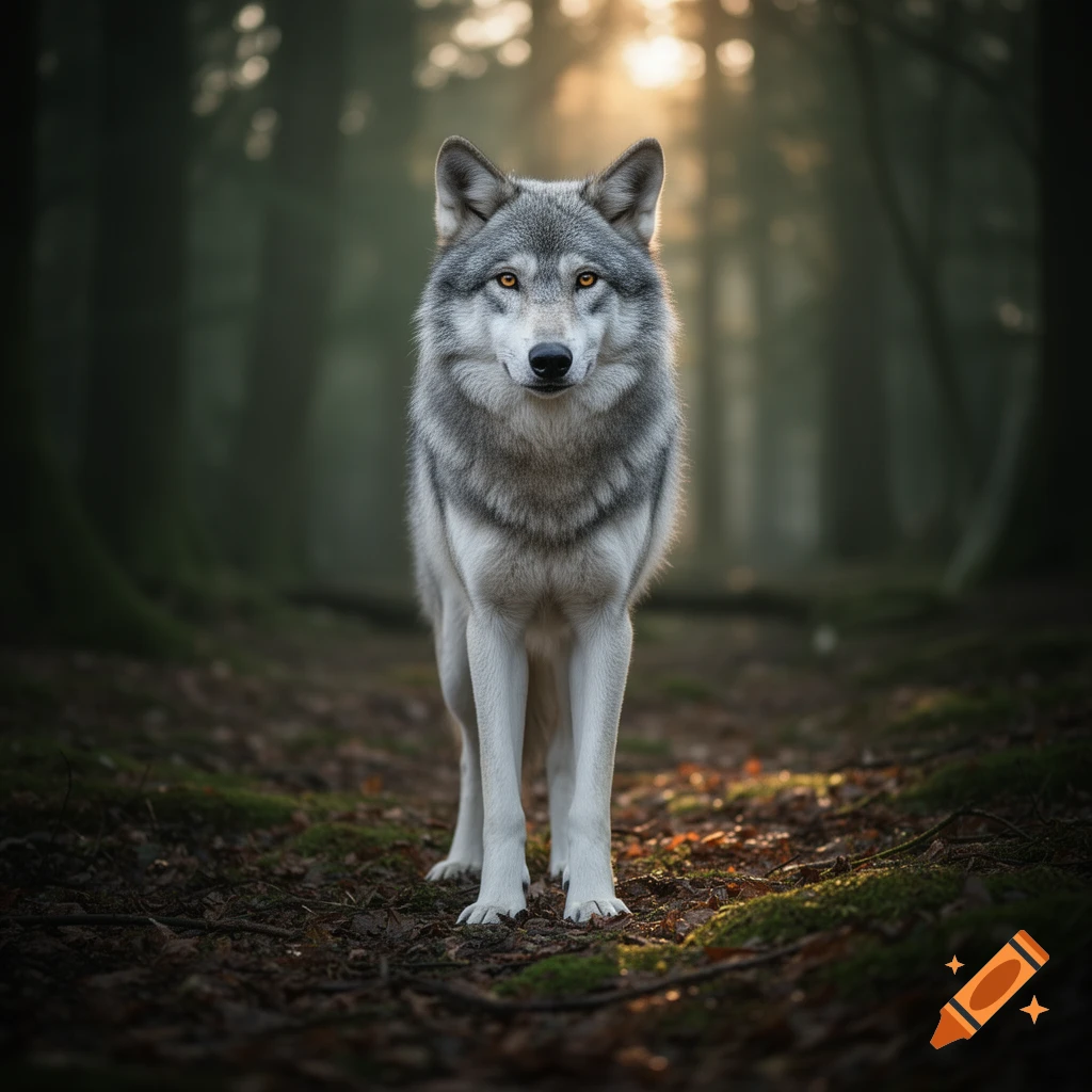 A grey wolf with amber eyes stands on a forest floor with sunlight filtering through trees in the background, photorealistic style.