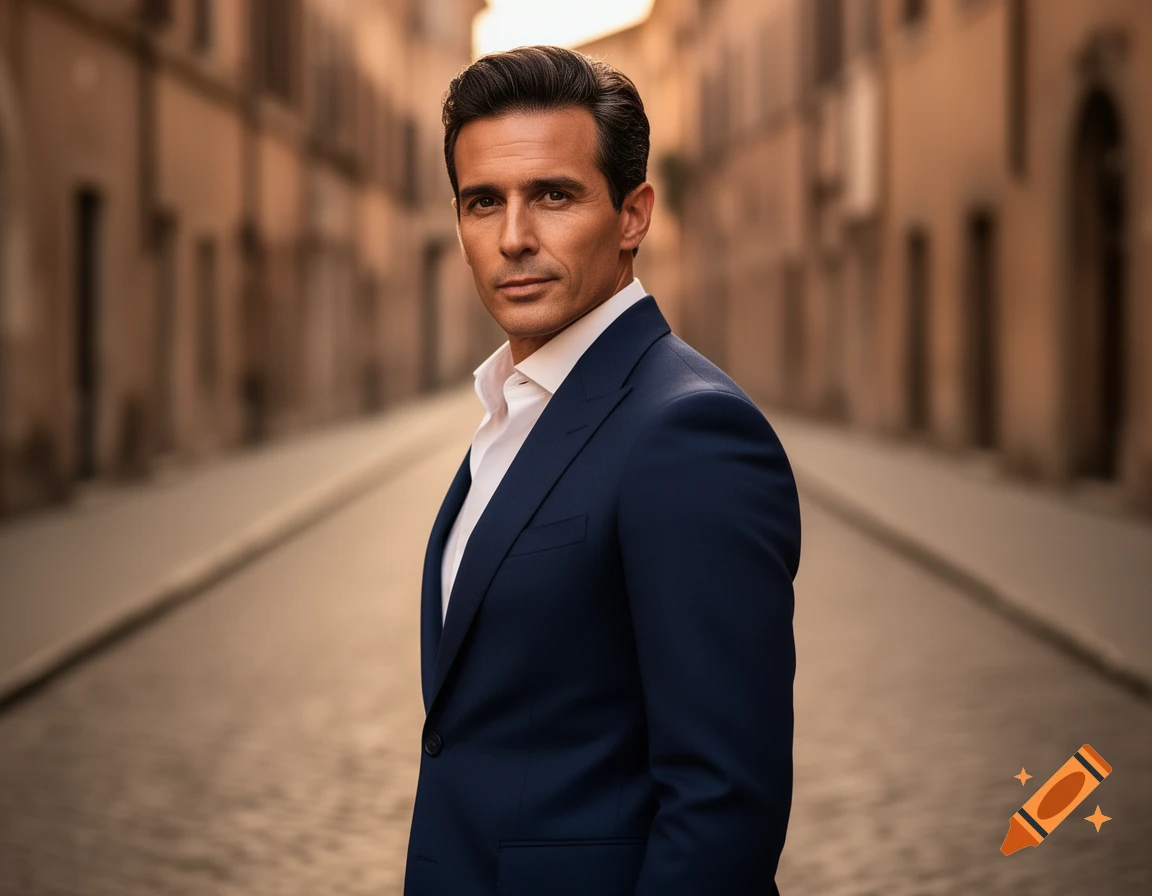 A handsome man in a dark blue suit and white shirt looks directly at the viewer on a cobblestone street.