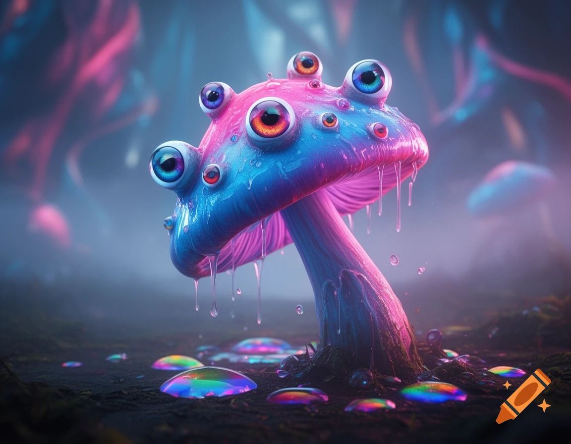 A creepy, bioluminescent mushroom with many alien eyes and dripping liquid stands in a misty, dark environment with glowing puddles.
