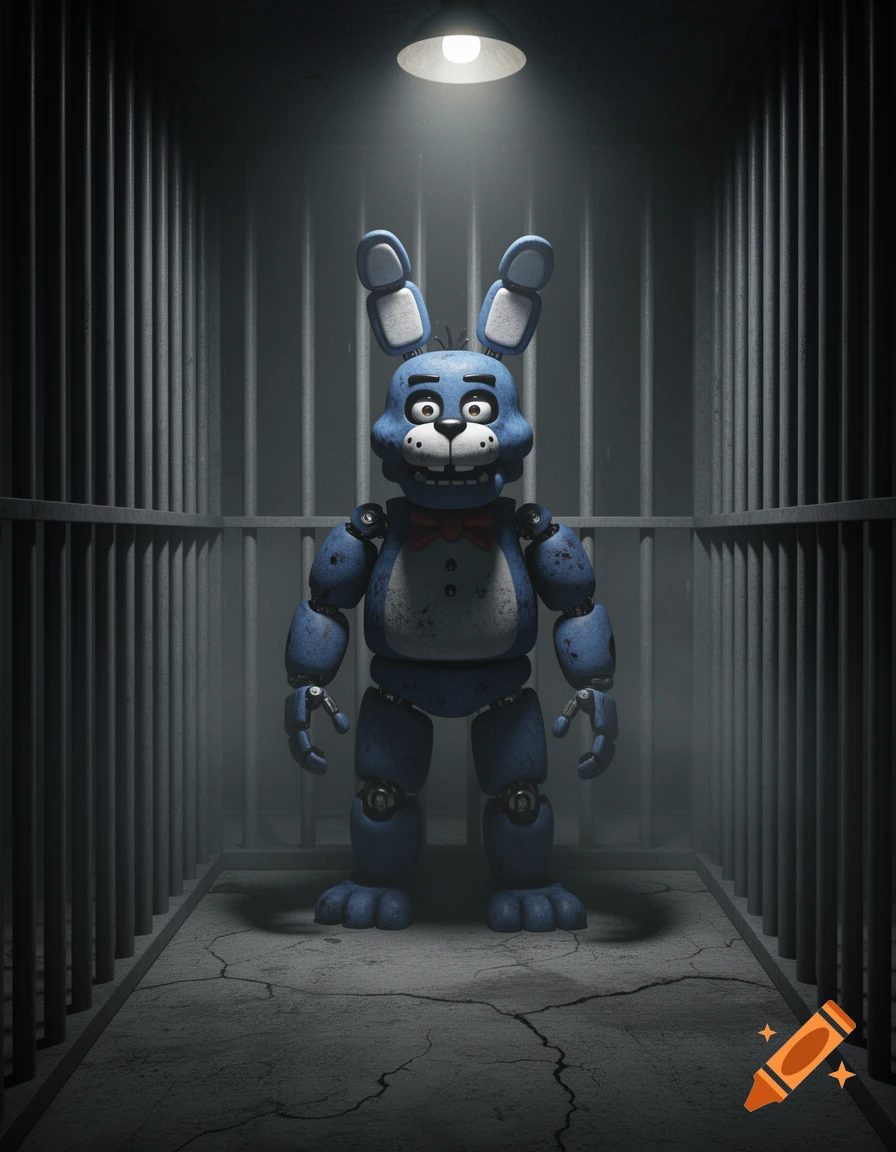 A blue animatronic rabbit, Bonnie from FNAF, stands in a dimly lit jail cell with metal bars.