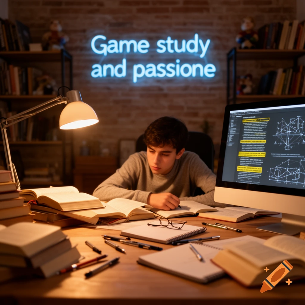 A young man studies at a desk with books and a computer, under a neon sign reading 'Game study and passione'.