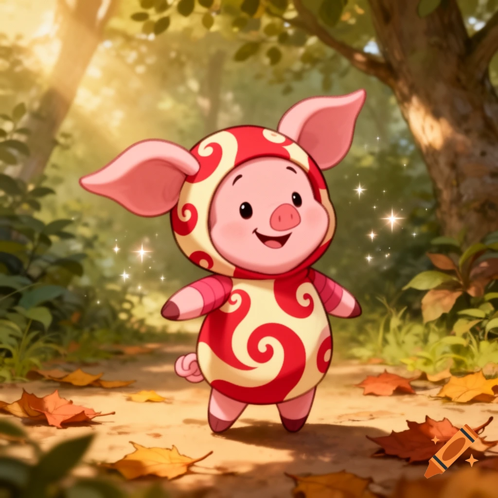 A happy cartoon piglet in a red and cream swirl-patterned costume stands on a forest path with sunbeams and autumn leaves.