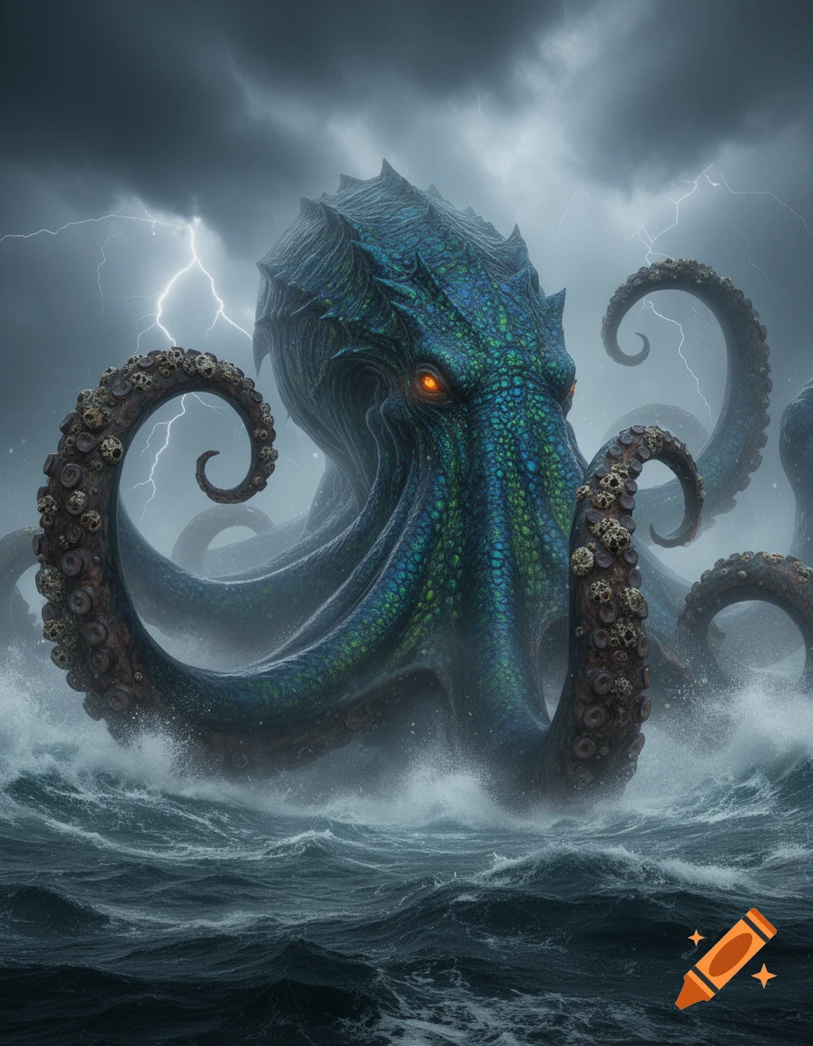 A colossal green-blue sea monster with glowing red eyes rises from stormy ocean waves as lightning strikes.