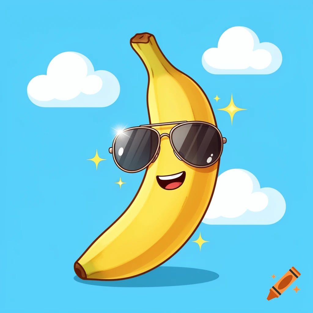 A cheerful cartoon banana wearing sunglasses floats against a blue sky with white clouds and sparkling stars.