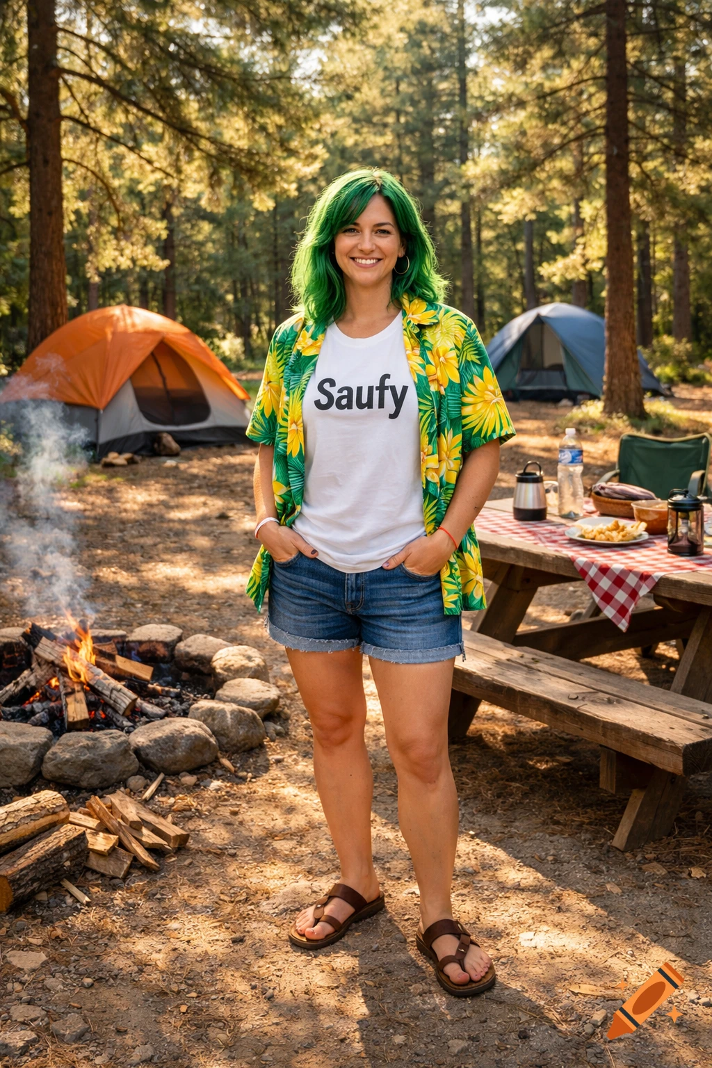 A smiling woman with green hair, wearing a Hawaiian shirt and denim shorts, stands in a photorealistic campground with tents and a campfire.