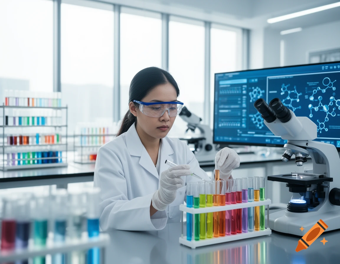 A female scientist in a lab coat and safety goggles works with colorful test tubes and a microscope in a modern laboratory.
