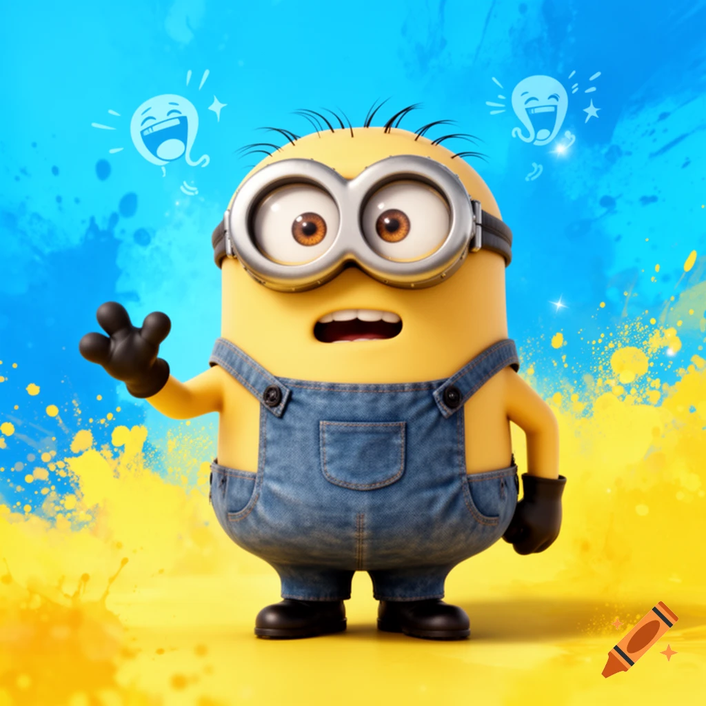 A 3D animated Minion in overalls looks surprised and waves on a blue and yellow paint splatter background.