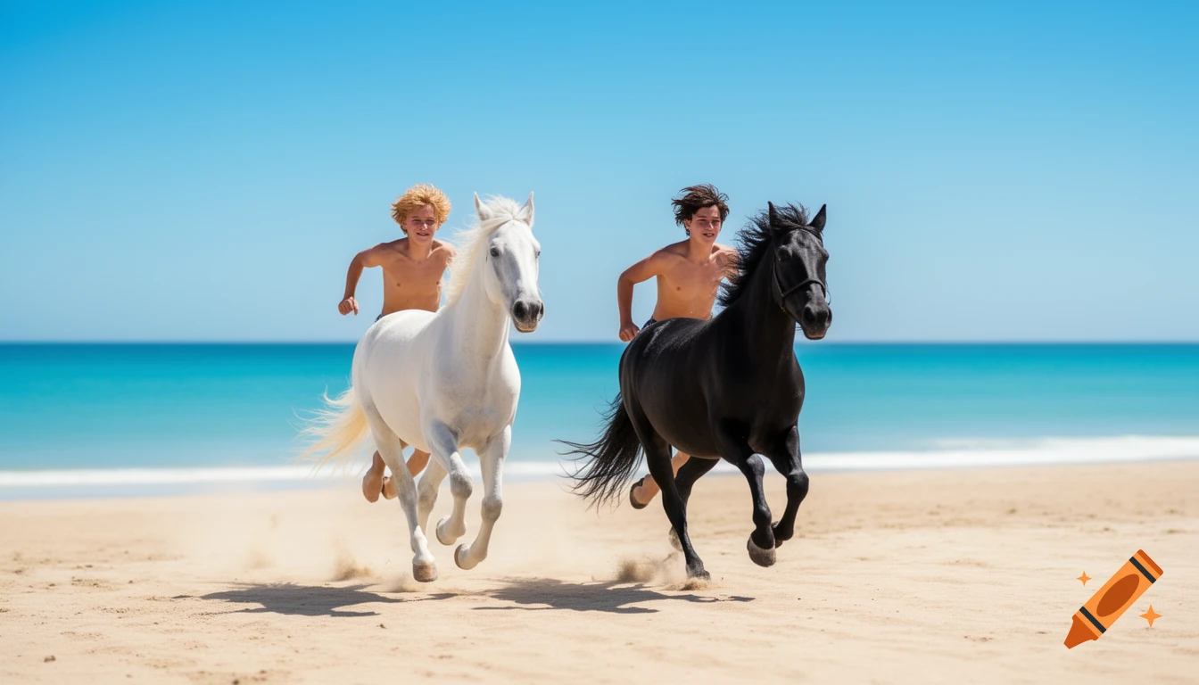 Two shirtless boys on white and black horses gallop along a sunny sandy beach with blue ocean.