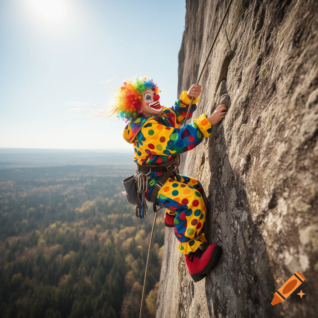 A smiling clown in a colorful polka-dotted costume and rainbow wig rock climbs a steep rock face overlooking a vast forest.