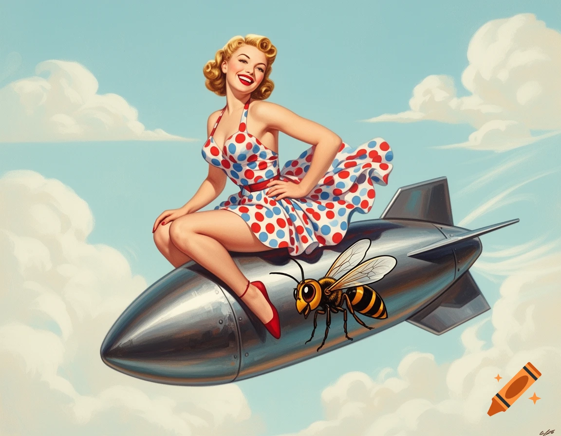 A retro pinup girl in a polka-dot dress rides a bomb with a painted cartoon wasp, flying in a cloudy sky, in a vintage illustration style.