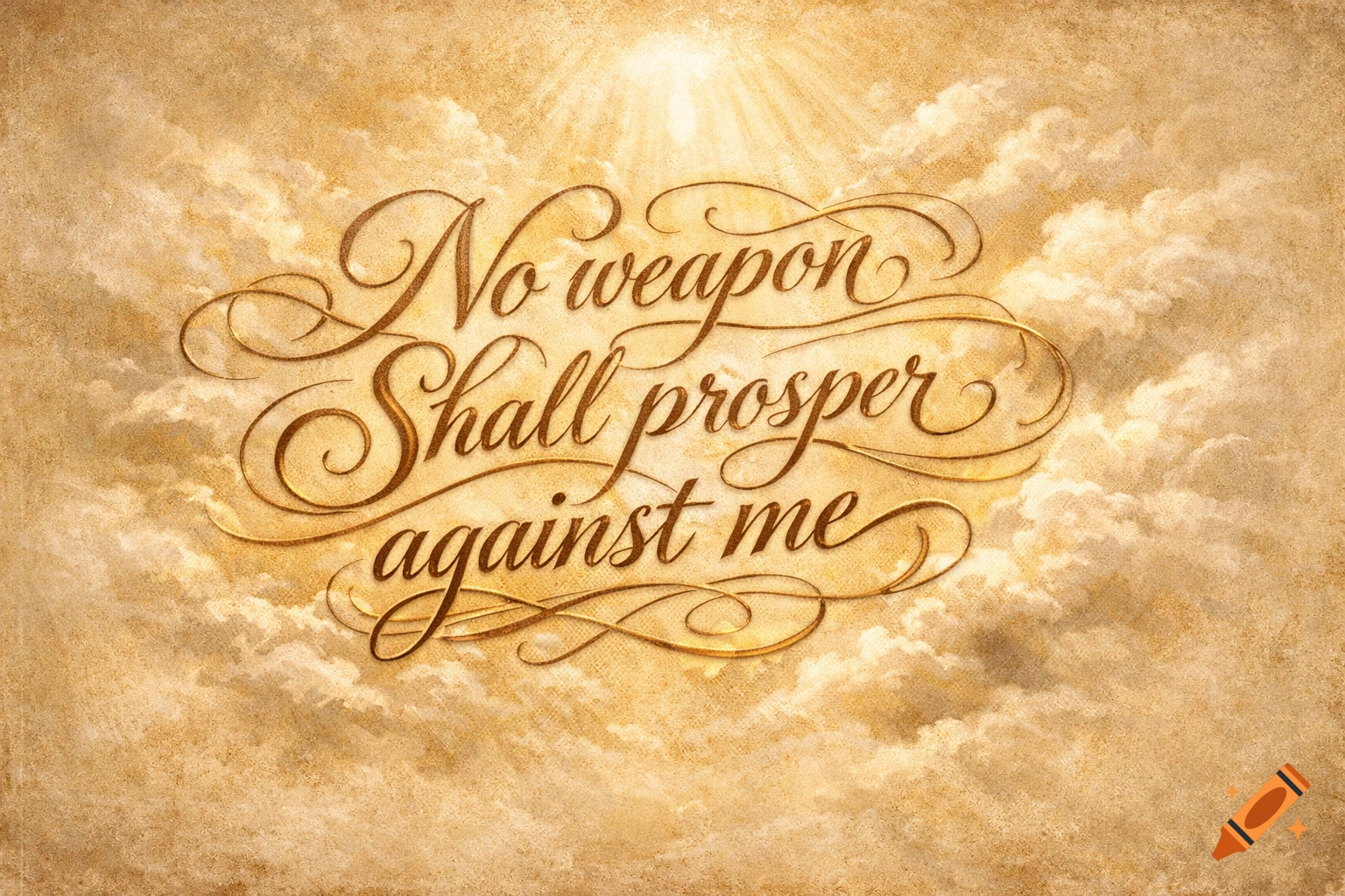 Calligraphic biblical quote "No weapon Shall prosper against me" on a warm, textured cloud background with light rays.