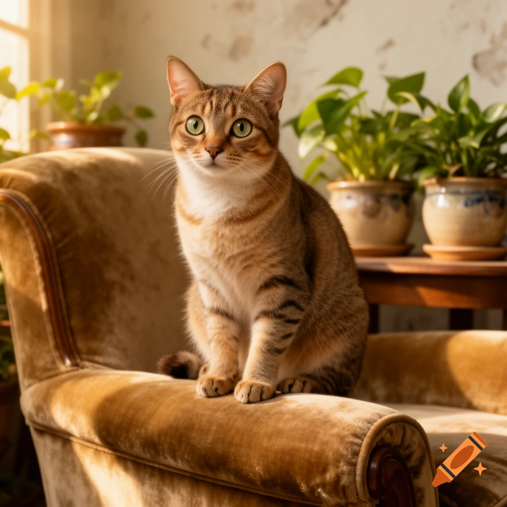 A photorealistic tabby cat with green eyes sits on a gold velvet ...